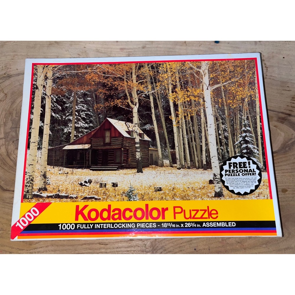 Kodacolor 1000 Piece Jigsaw Puzzle Winter Log Cabin Birch Trees Factory Sealed